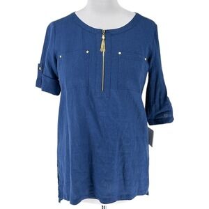 Ellen Tracy Linen Top Tunic Gold‎ Tassel Zipper Pull Roll Tab Sleeve Blue M